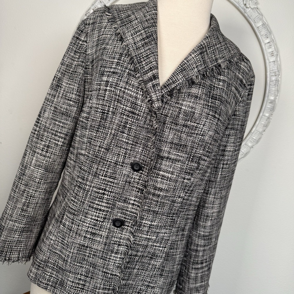 Sigrid Olsen Sport Black‎ White Jacket Blazer Silk Tweed Womens 10 Fringe Button